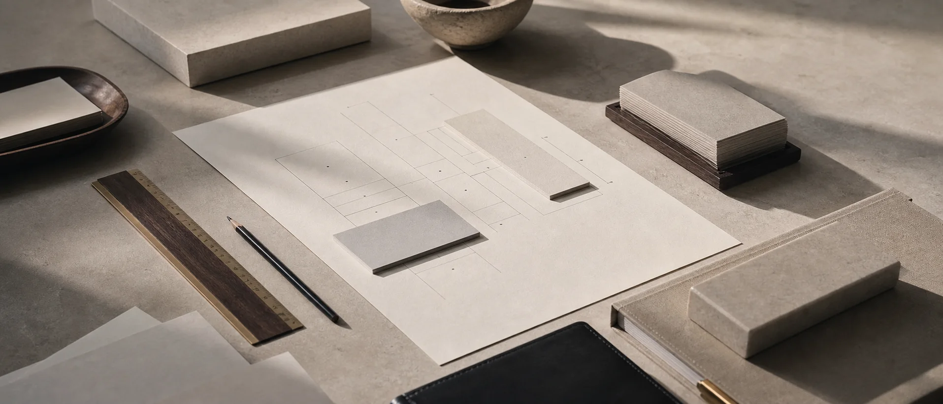 Planification organisationnelle sur papier avec règle, cartes et objets sobres.