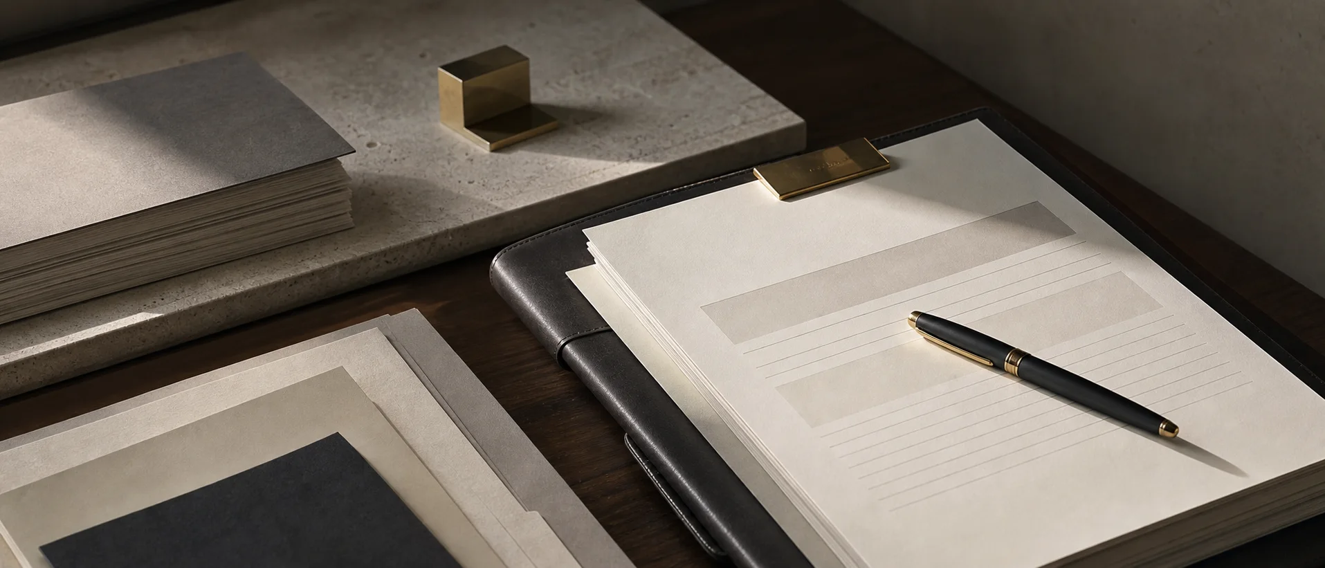Dossiers structurés, papiers épais et stylo sur bureau sombre.