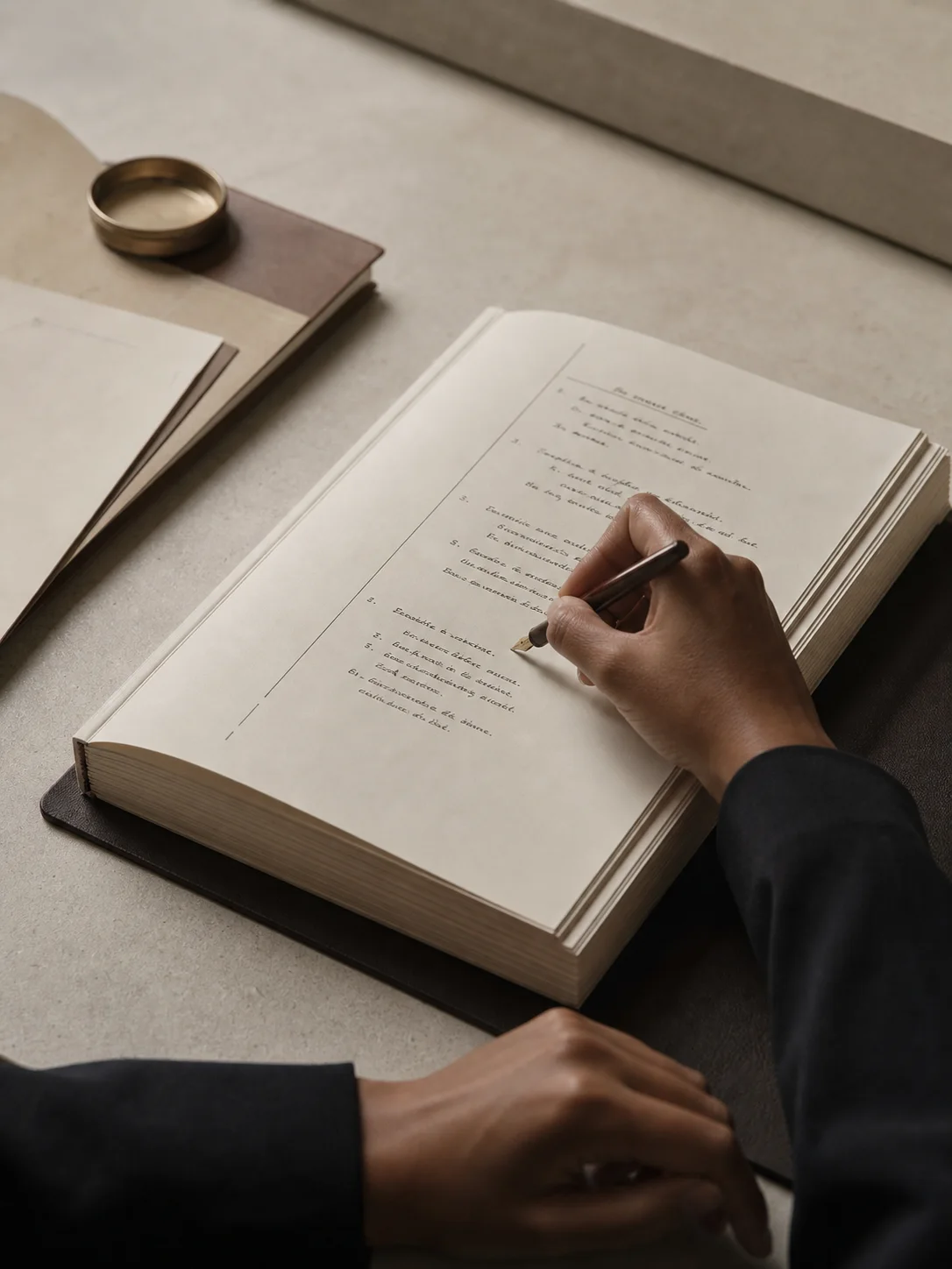 Main annotant un dossier épais sur une surface minérale.